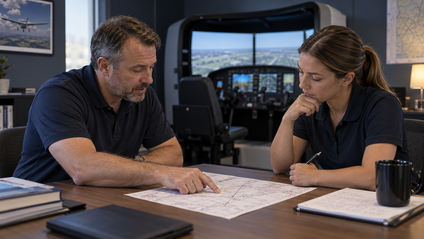 Illustrative scene of an instructor and pilot reviewing an approach chart after simulator practice